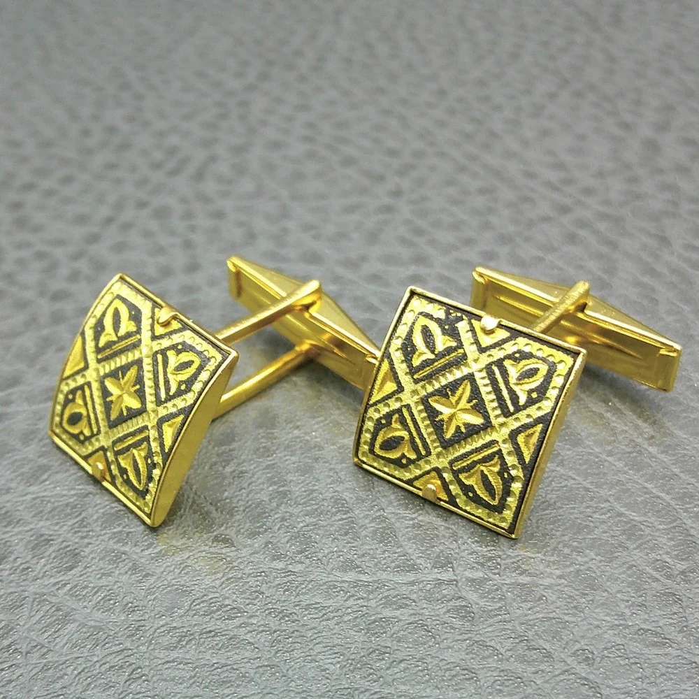 Vintage‎ Gold Tone Damascene Cufflinks Square Geometric Etched Mid Century Style